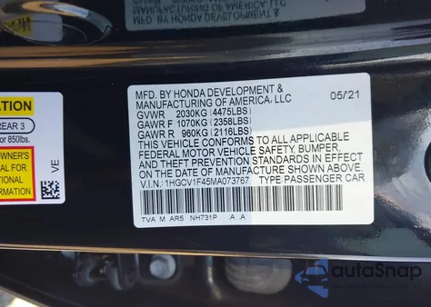 2021 Honda Accord Sport Special Edition from USA, damaged, VIN 1HGCV1F45MA073767